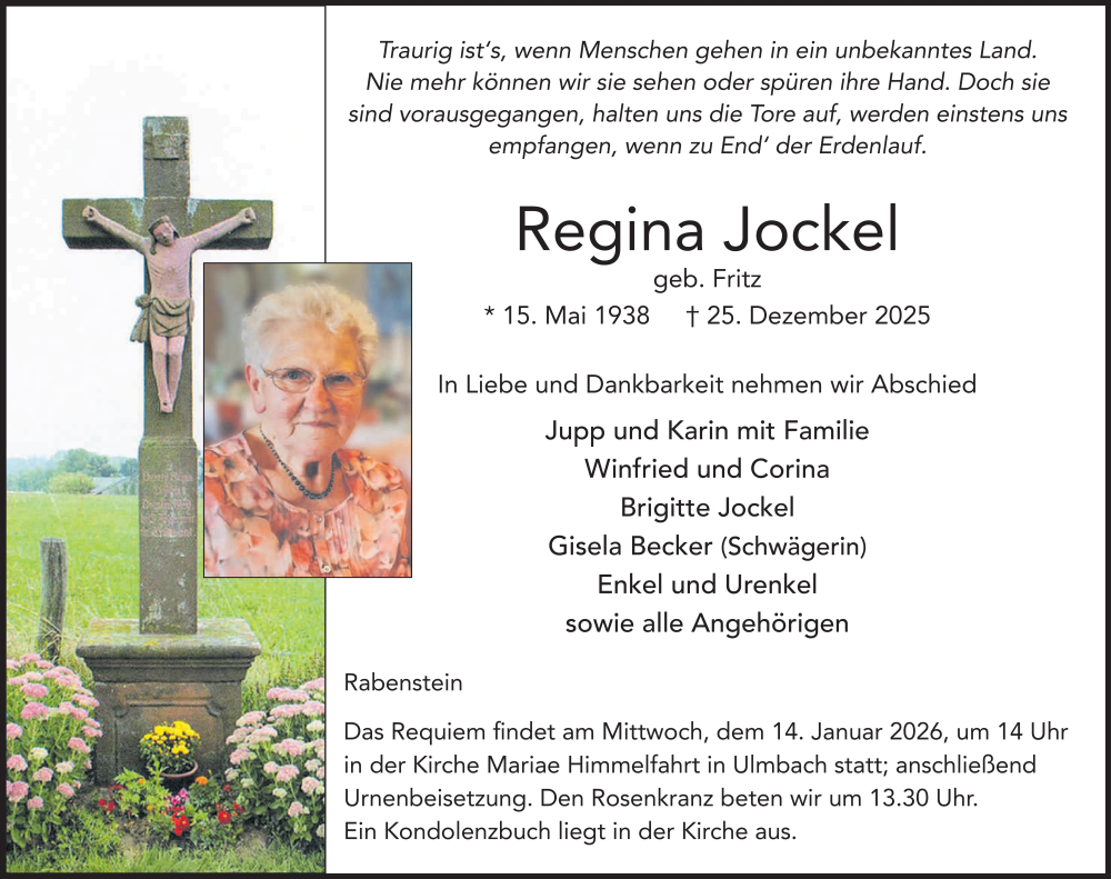  Traueranzeige für Regina Jockel vom 10.01.2026 aus FZ