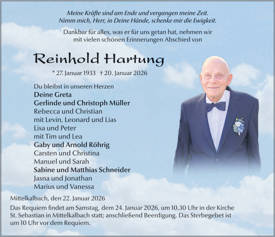 Traueranzeige von Reinhold Hartung von FZ