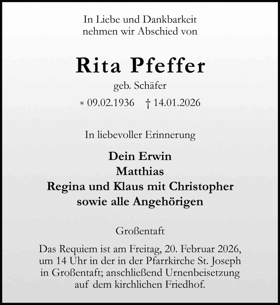  Traueranzeige für Rita Pfeffer vom 17.01.2026 aus FZ