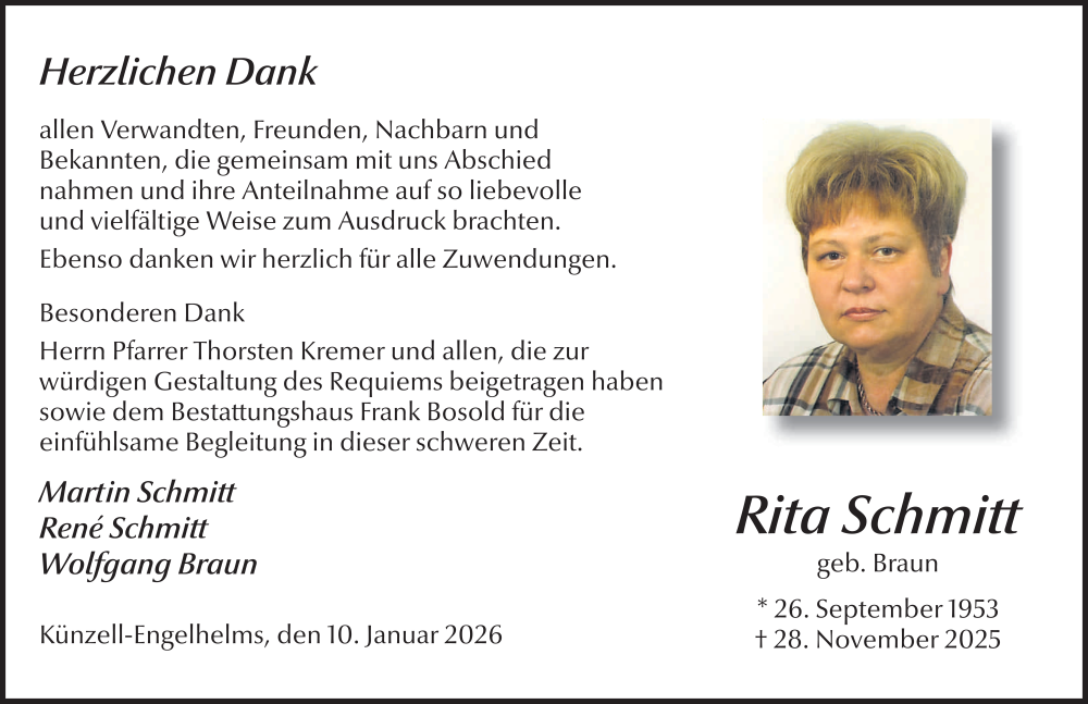  Traueranzeige für Rita Schmitt vom 10.01.2026 aus FZ