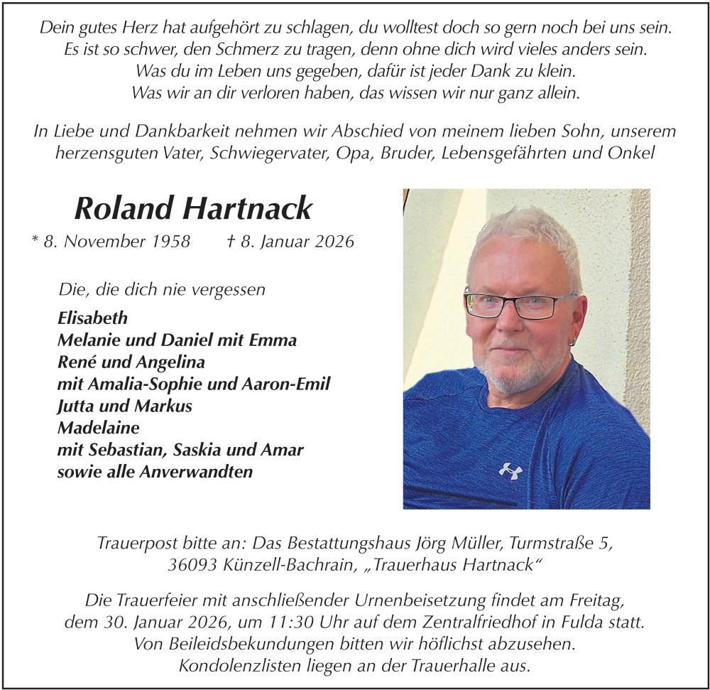  Traueranzeige für Roland Hartnack vom 24.01.2026 aus FZ