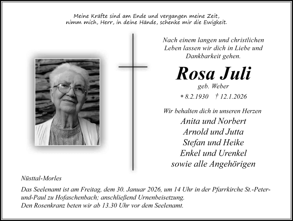  Traueranzeige für Rosa Juli vom 26.01.2026 aus FZ
