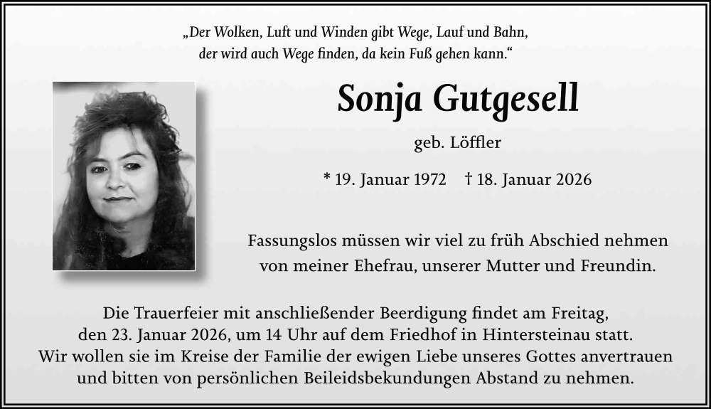  Traueranzeige für Sonja Gutgesell vom 21.01.2026 aus FZ