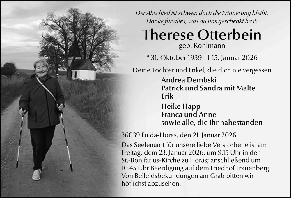  Traueranzeige für Therese Otterbein vom 21.01.2026 aus FZ