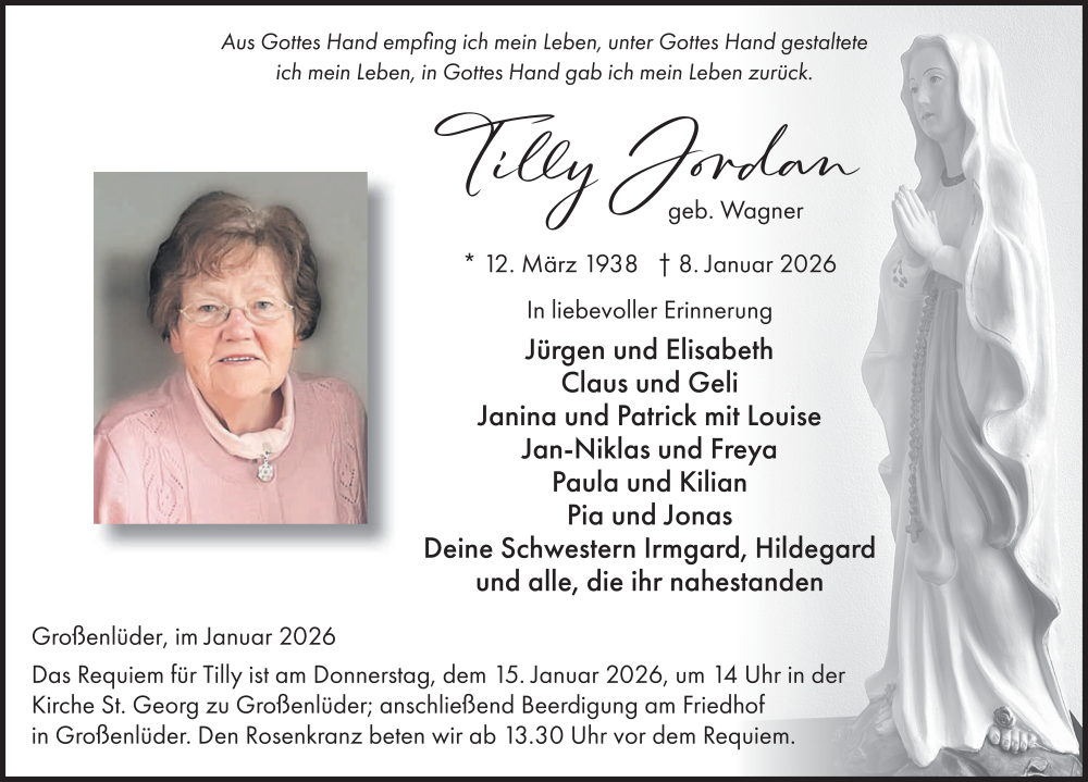  Traueranzeige für Tilly Jordan vom 13.01.2026 aus FZ