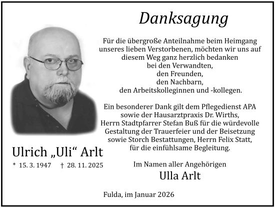 Traueranzeige von Ulrich Arlt von FZ