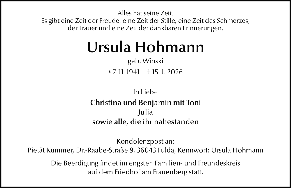  Traueranzeige für Ursula Hohmann vom 17.01.2026 aus FZ