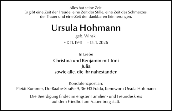 Traueranzeige von Ursula Hohmann von FZ