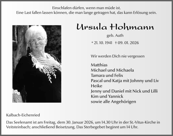 Traueranzeige von Ursula Hohmann von FZ