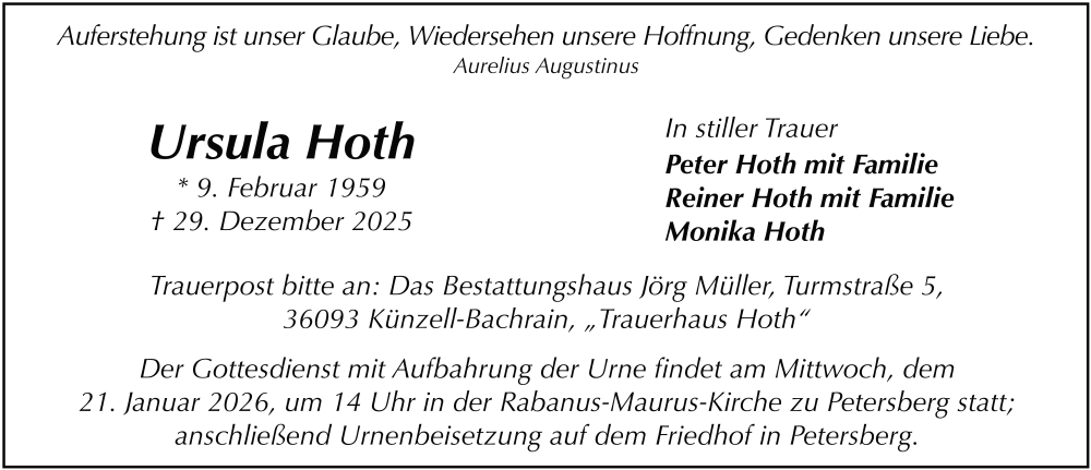 Traueranzeige für Ursula Hoth vom 17.01.2026 aus FZ