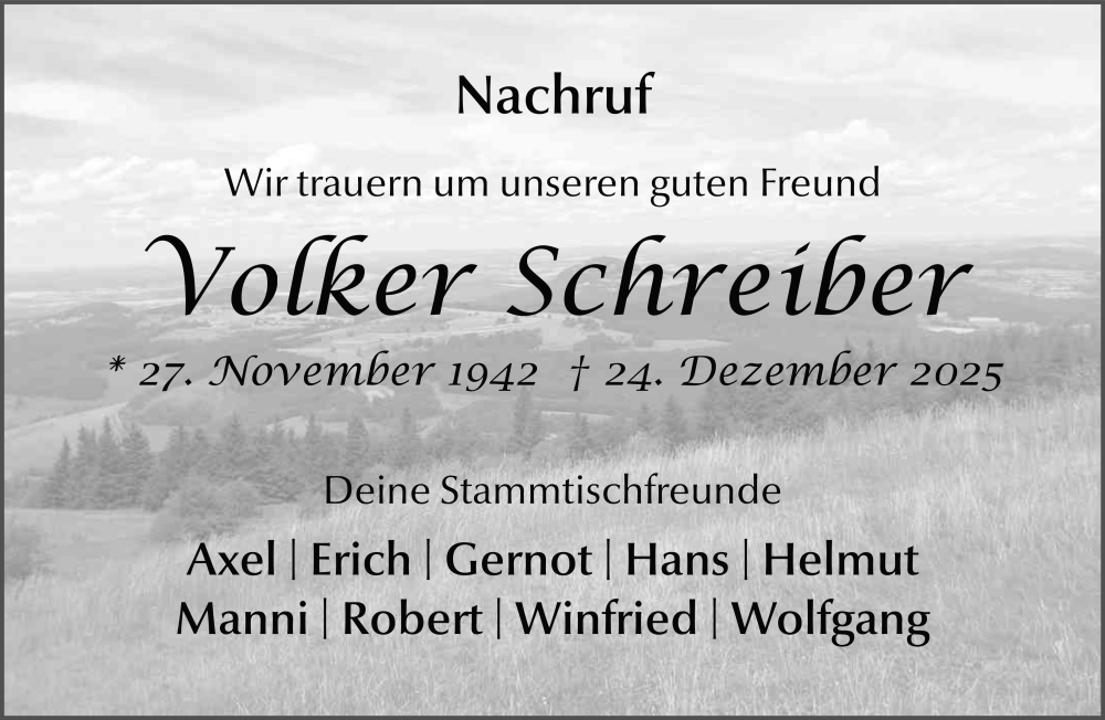  Traueranzeige für Volker Schreiber vom 12.01.2026 aus FZ