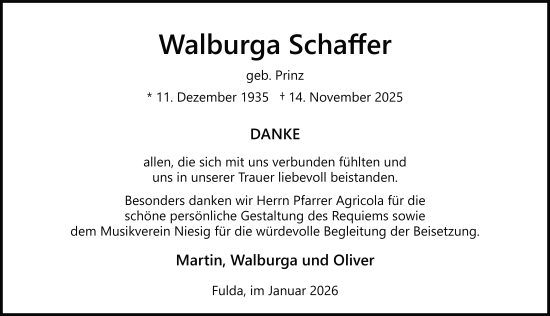 Traueranzeige von Walburga Schaffer von FZ