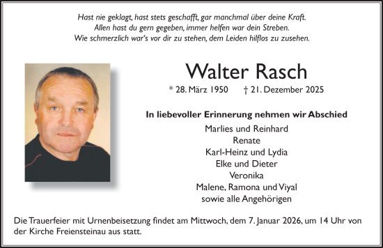 Traueranzeige von Walter Rasch von FZ