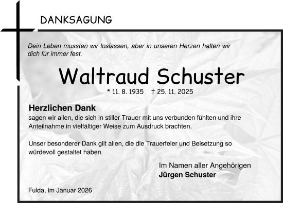 Traueranzeige von Waltraud Schuster von FZ