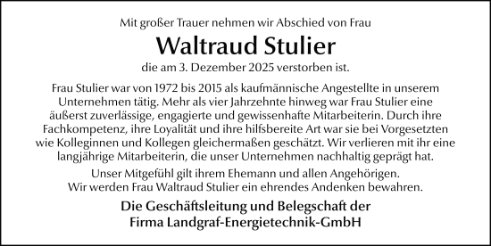 Traueranzeige von Waltraud Stulier von FZ