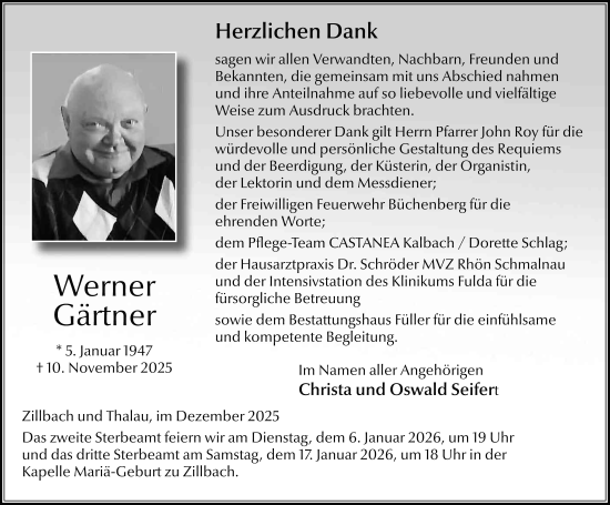 Traueranzeige von Werner Gärtner von FZ