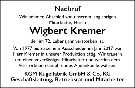 Traueranzeige von Wigbert Kremer von FZ