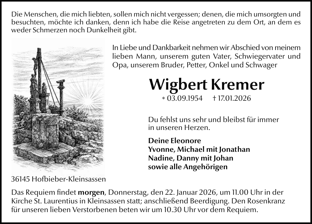  Traueranzeige für Wigbert Kremer vom 21.01.2026 aus FZ
