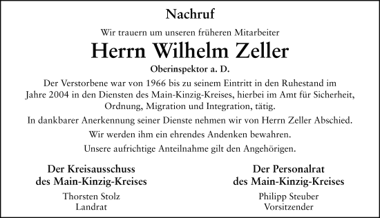 Traueranzeige von Wilhelm Zeller von FZ