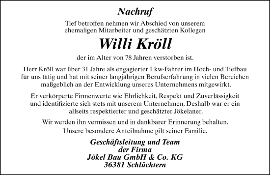 Traueranzeige von Willi Kröll von FZ