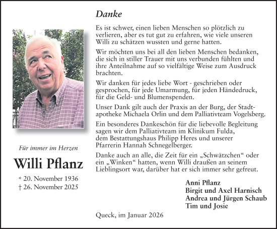 Traueranzeige von Willi Pflanz von FZ