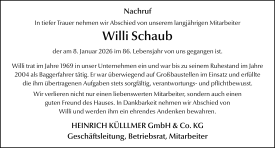 Traueranzeige von Willi Schaub von FZ