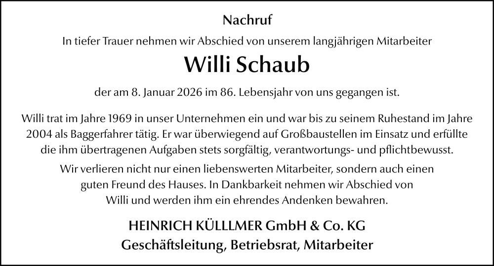  Traueranzeige für Willi Schaub vom 23.01.2026 aus FZ