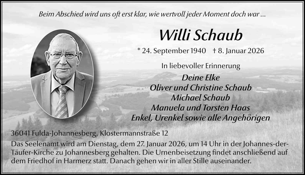  Traueranzeige für Willi Schaub vom 23.01.2026 aus FZ