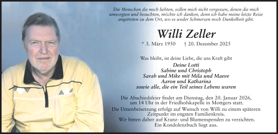 Traueranzeige von Willi Zeller von FZ
