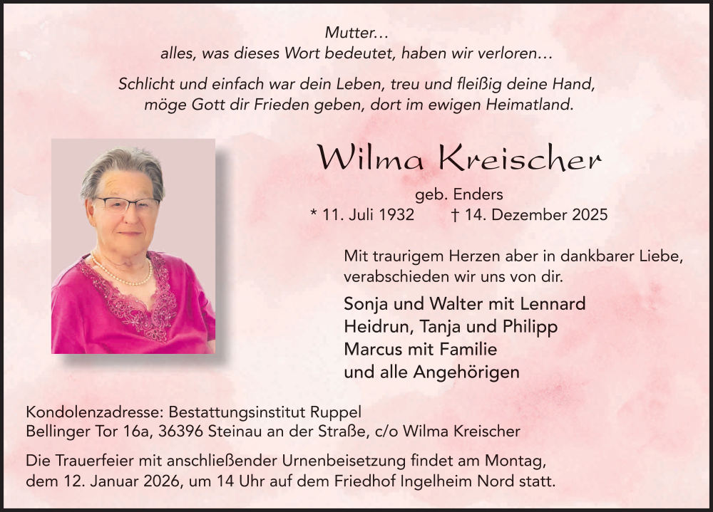  Traueranzeige für Wilma Kreischer vom 03.01.2026 aus FZ