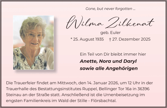 Traueranzeige von Wilma Zilkenat von FZ