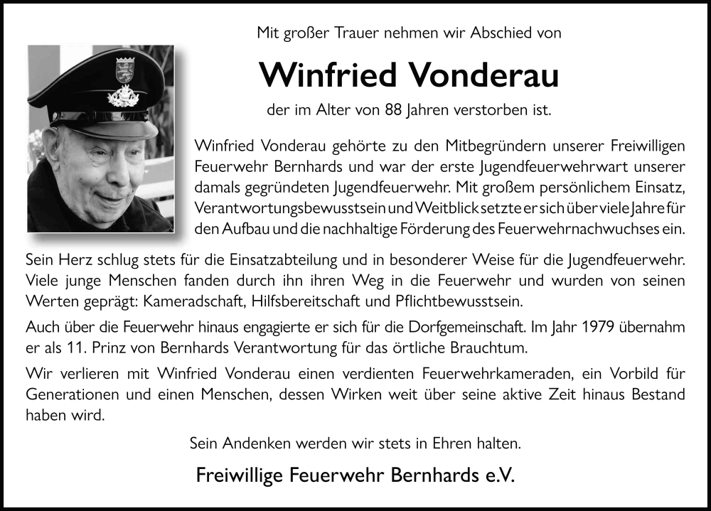  Traueranzeige für Winfried Vonderau vom 09.01.2026 aus FZ