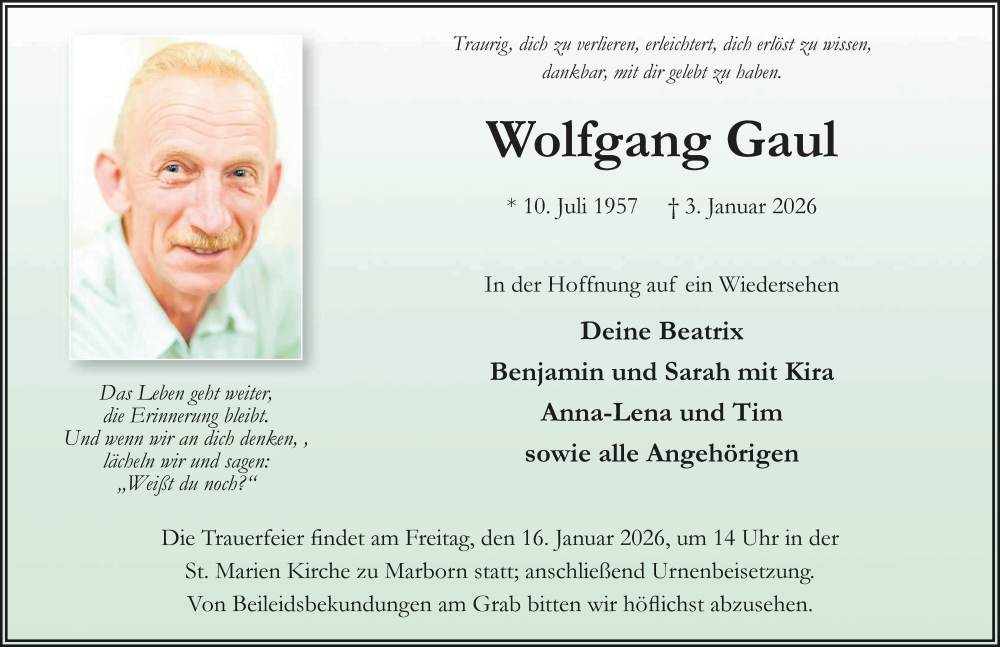  Traueranzeige für Wolfgang Gaul vom 10.01.2026 aus FZ