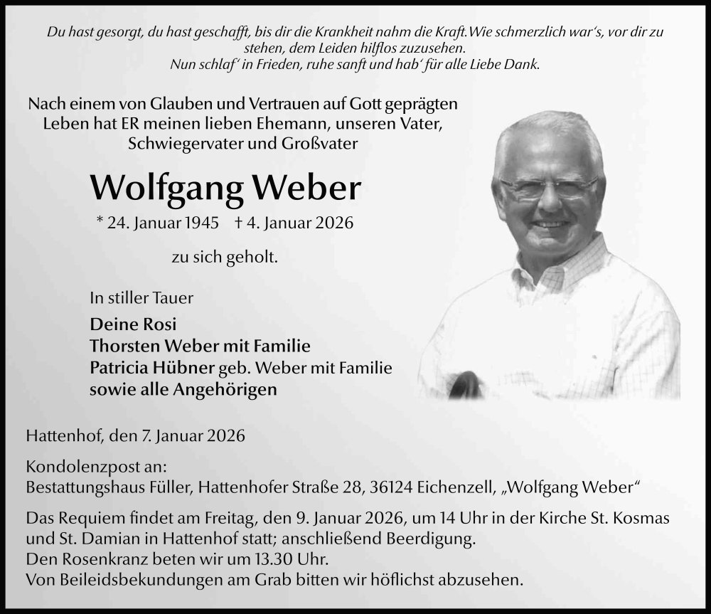  Traueranzeige für Wolfgang Weber vom 07.01.2026 aus FZ